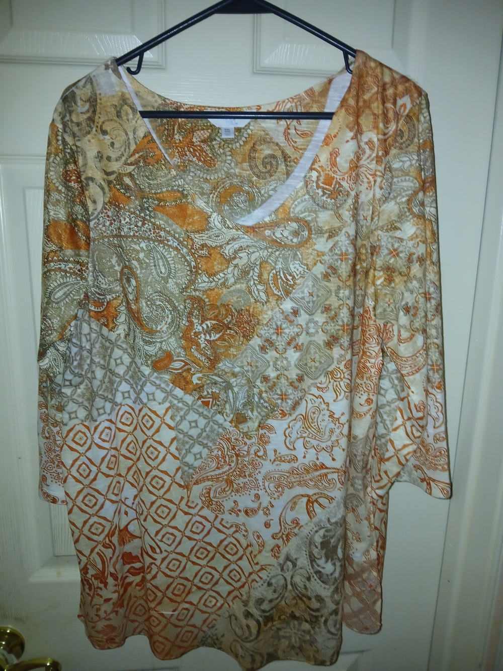Time and Tru Women's Patchwork Paisley Print Tunic - White, Orange, Tan
